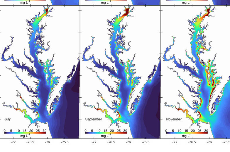 Example showing surface concentrations of inorganic suspended solids in the Chesapeake Bay. 
