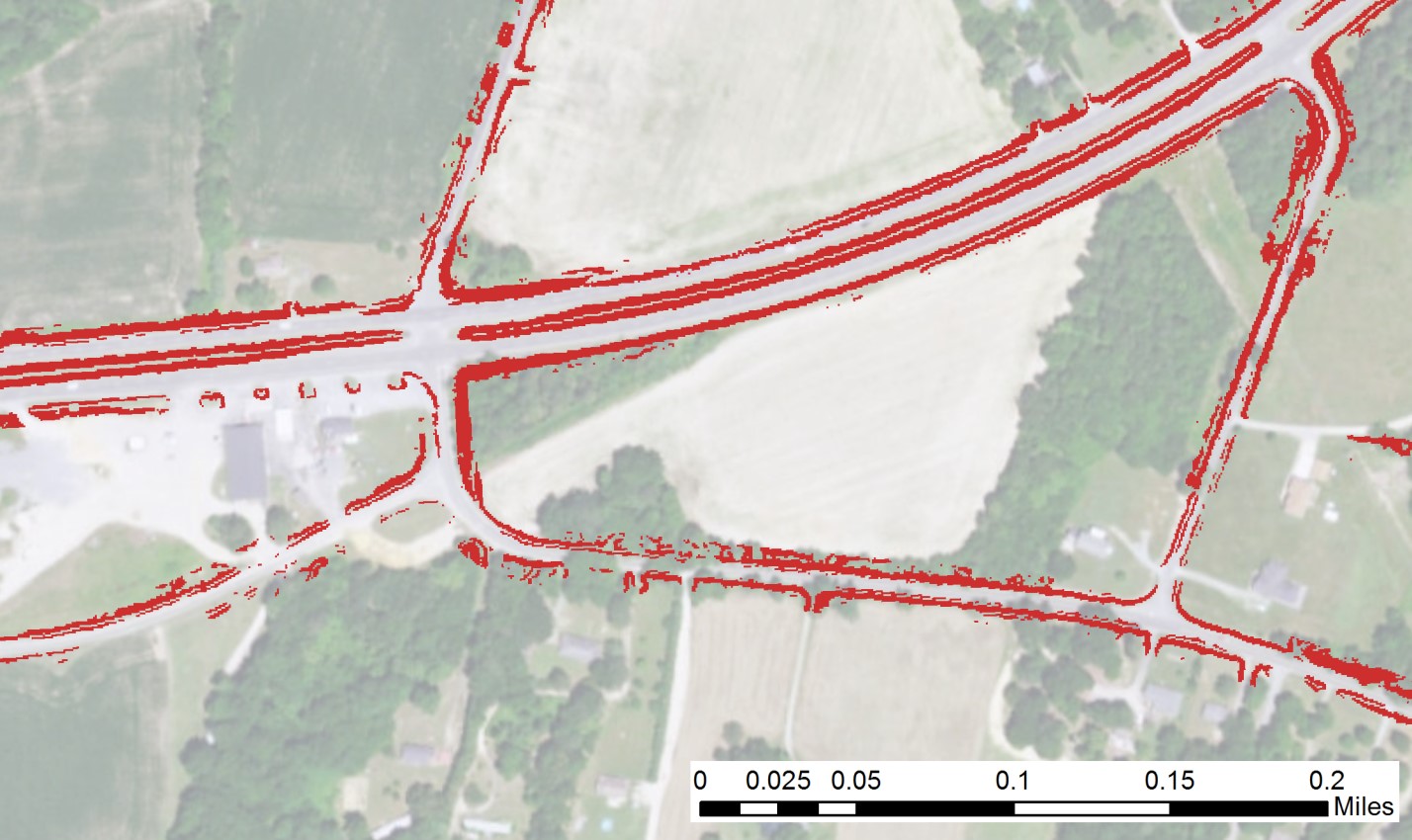 The red areas in the imagery represent roadside ditches extracted from lidar data.