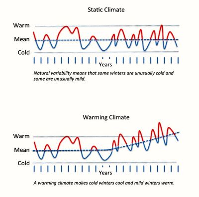 Climate warming makes cold winters cool and mild winters warm.
