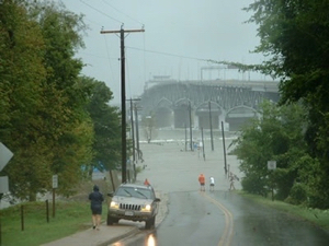 Storm surge covers Gloucester Point, Virginia during Hurricane Isabel in 2003.