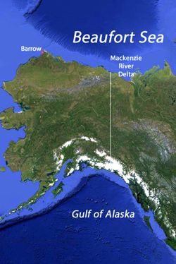 The Beaufort Sea lies north of Alaska and the Yukon Territory of Canada.