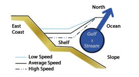 When the northward flowing Gulf Stream slows down, sea level rises along the U.S. East Coast.Graphic adapted from Noble and Gelfenbaum via Sweet, Zervas, and Gill.