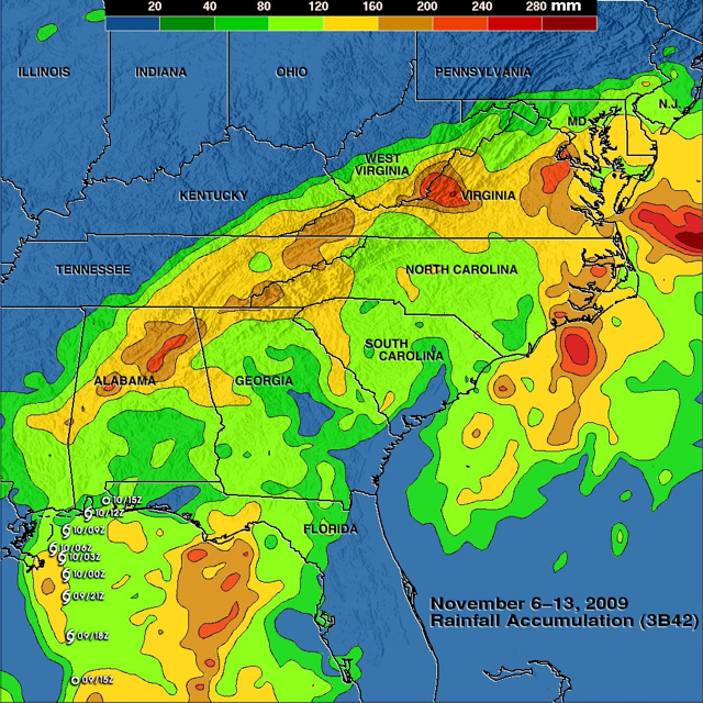 Rainfall from Ida. A rainfall analysis from the NASA and JAXA Tropical Rainfall Measuring Mission satellite shows large areas of very heavy rainfall with maximums in Alabama, North Carolina, and Virginia. The analysis shows a maximum value over land of over 240 mm or ~9.4 inches. Credit: NASA/SSAI, Hal Pierce.