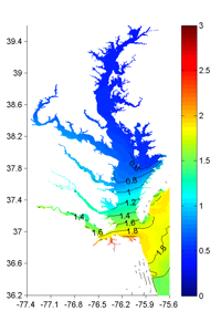 Maximum storm surge in Chesapeake Bay as simulated by Harry Wang's modeling group at VIMS. Click for larger image.
