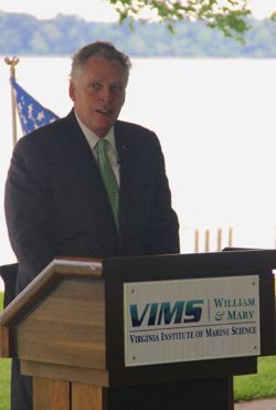 Governor Terry McAuliffe addresses the crowd from VIMS' York River campus.