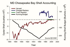 A simple accounting of the harvest and replacement of oyster shell in the Maryland portion of Chesapeake Bay, in millions of bushels by year. Image courtesy of Maryland Dept. of Natural Resources. Click for larger version.