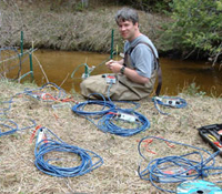 Dr. Michael Wagner sets up PIT-tag antennas in Michigan's Ocqueoc River.