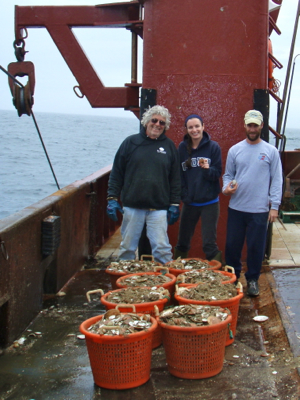 From L: emeritus professor Bill DuPaul, VIMS technician Jessica Bergeron, and head of the VIMS scallop program David Rudders aboard the scallop vessel Kathy Ann near the Hudson Canyon Closed Area. In the foreground are baskets from a single tow that hold more than 10,000 two-year-old scallops.