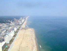 Aerial view of beach nourishment underway at Virginia Beach. Photo courtesy of Scott Hardaway.