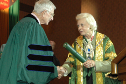Dr. Willard van Engel receives his honorary doctorate from William and Mary Chancellor and former U.S. Supreme Court associate justice Sandra Day O'Connor during commencement ceremonies at the College on May 14th. Photo by Steve Salpukas.