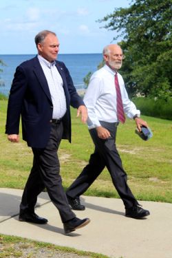 Senator Tim Kaine tours the VIMS campus with Dean and Director John Wells during a 2014 visit.