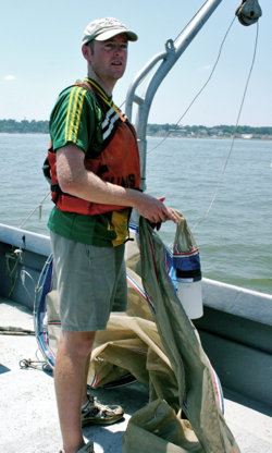 VIMS Ph.D. student Rob Condon prepares to collect a net tow from the York River.
