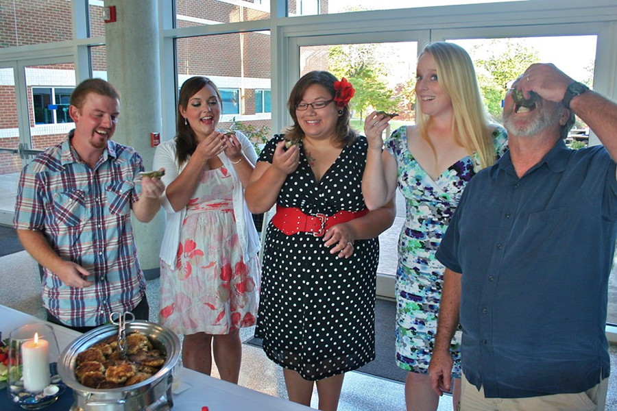 OAT Program reception 2012. From left - Chris Smith, Nicole Dunleavy, Marga Morris, Elyce Whatley (all OAT '12), and Stan Allen, enjoying some oysters in celebration of another great summer season.