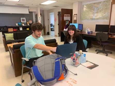 The undergraduate REU working on this project, Garrett Bellin (left), and 2022-23 CGA fellow Christina Sabochick (right) meeting at the CGA Office. Garrett has worked with ModelBuilder in ArcGIS Pro, StoryMaps, multidimensional data and more as a result of this research (Photo credit: Shannon White).