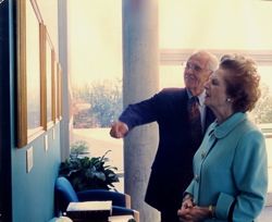 The late Alan Voorhees admires the maps of Chesapeake Bay with Former British Prime Minister and W&M Chancellor Margaret Thatcher in Chesapeake Bay Hall.