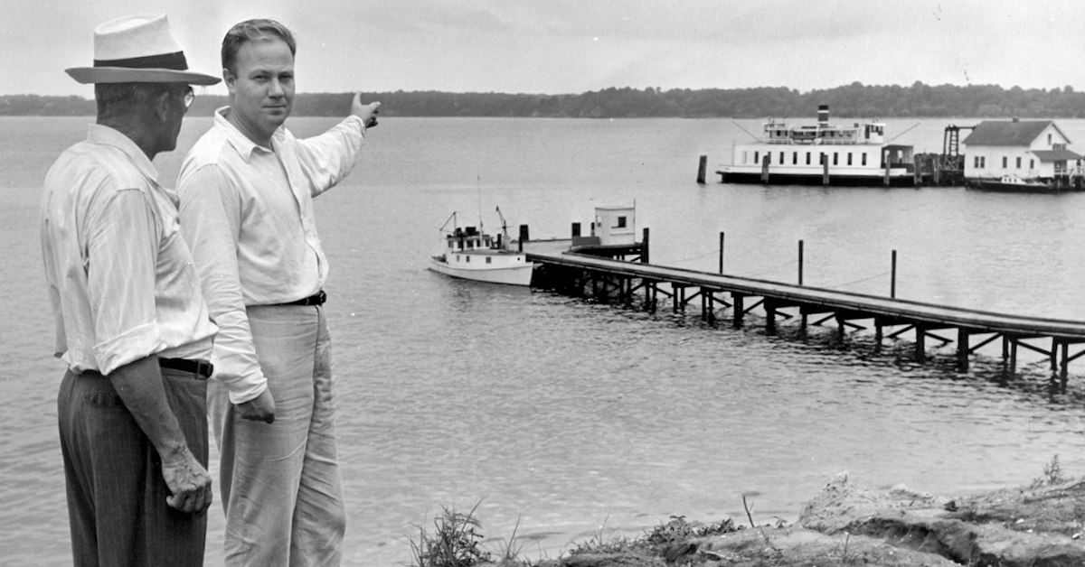 Dr. Nelson Marshall, Director of the Virginia Fisheries Laboratory from 1947-1950, looks out from the future site of York River Hall at the Gloucester Point Ferry Pier.