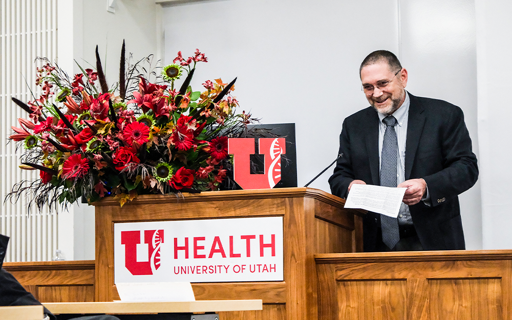 Scoles making remarks during the ceremony naming him as Endowed Chair in Neurology. Photo provided by Daniel Scoles.