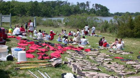 Boots, life vests, and students drying after a field session