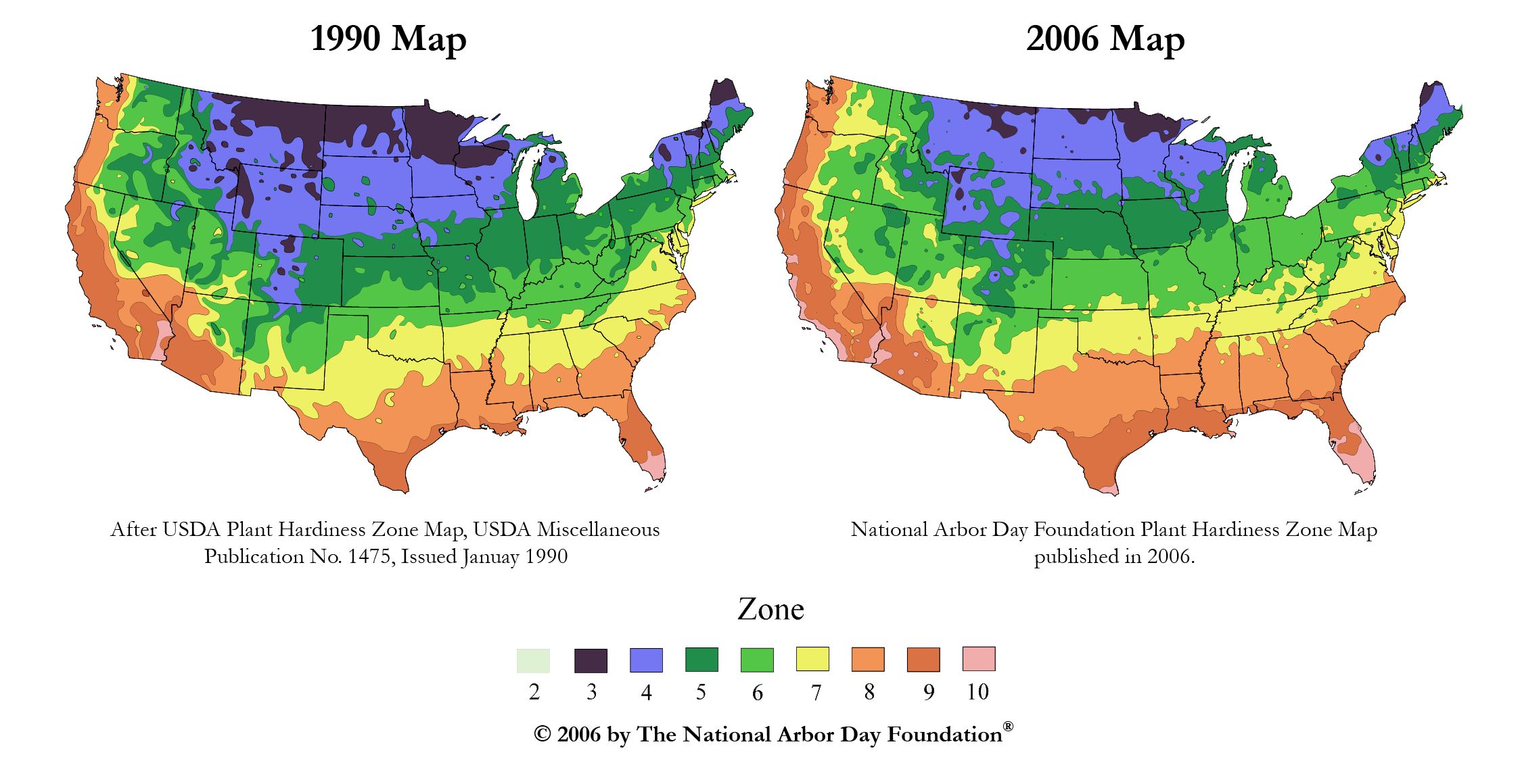 These plant hardiness zone maps show zonal shirfts due to warming temperatures. The zonal shirfts are approximations, so comparisons are for display purposes only. Click for larger map.