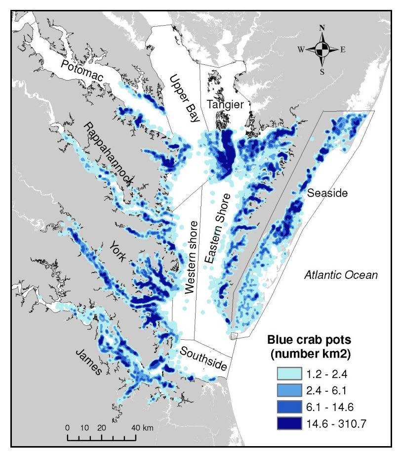 Spatial distribution of the density of recovered derelict crab pots over four winters 2008-2012