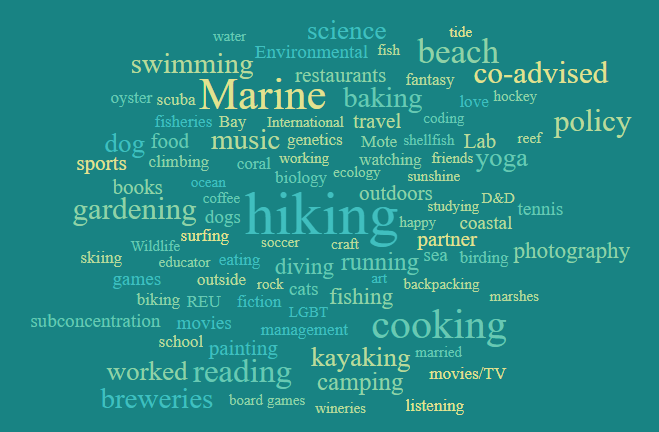 This "word cloud" illustrates the activities VIMS students feel best describe student life.