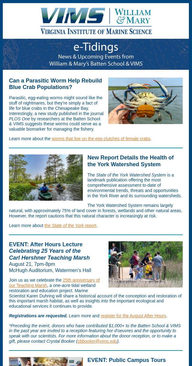 e-Tidings is a monthly digital newsletter from the Batten School & VIMS.