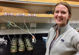 Meredith Evans with the treatments she used to test the effects of various types of plastics on microbial communities in sediments. © BK Song/VIMS.