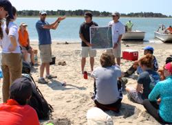 Chris Hein (arms raised) leads a field trip to Virginia's barrier islands.
