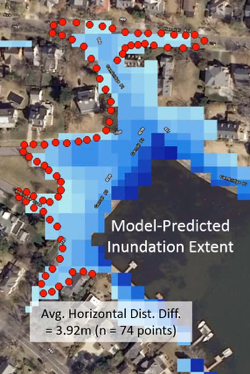 Flood extent as captured by users of the SeaLevelRise app (red circles) helps validate forecasts made with VIMS' street-level storm-surge model (in blue).