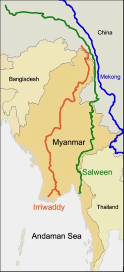 Myanmar lies in southeast Asia and is home to two major rivers, the Irrawaddy and Salween. Both empty into the Andaman Sea.
