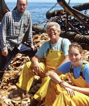 Bill DuPaul (C) with then-students David Rudders (L) and Noëlle Yochum (R) aboard a commercial scallop boat during a 2005 monitoring survey.