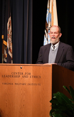 Hershner addresses the audience after winning the 2018 Erchul Environmental Leadership Award. © Virgina Military Institute.