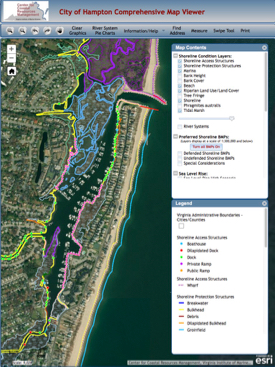 A screenshot of the Comprehensive Map Viewer for a section of Hampton, Virginia's Chesapeake Bay shoreline, showing just some of the information available for display by users. Click image to access interactive version.