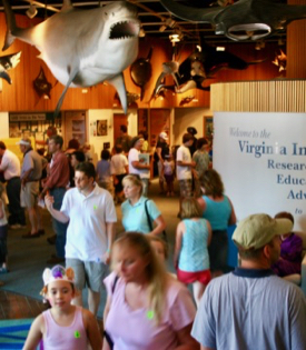 Participants crowd the VIMS Visitors Center during Marine Science Day.