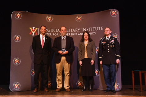 In 2018, Hershner was honored with the Erchul Environmental Leadership Award by the Virginia Military Institute’s Center for Leadership and Ethics. From L: Virginia Secretary of Natural Resources and VIMS alum Matthew Strickler; Hershner; Nikki Rovner, Associate State Director, The Nature Conservancy and 2017 Erchul Award recipient; and Colonel David Gray, director, VMI CLE.