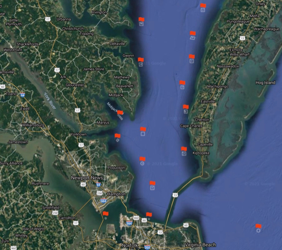 This map of artificial reefs in the lower Chesapeake Bay is proof of the popularity of structured habitats among recreational anglers. Courtesy of VMRC.
