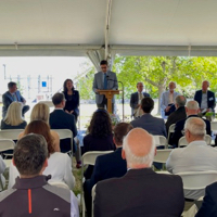 Dr. Derek Aday, VIMS Dean & Director, recognizes Mr. Marshall Acuff and his family by announcing the official naming of the Acuff Center for Aquaculture. © L. Patrick/VIMS.  
