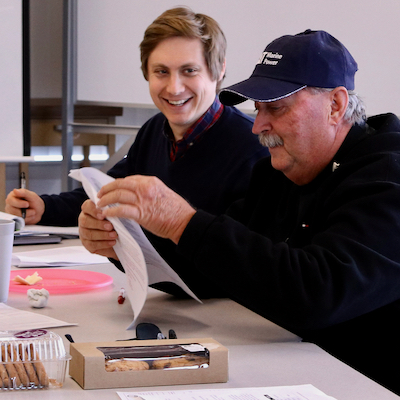 Dr. Andrew Scheld helps during a focus group with local watermen at the VIMS Eastern Shore Lab. © Abigail Hils/Virginia Sea Grant.