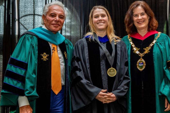 Dr. Juliette Smith (C) with Joe Plumeri (L) and W&M President Katherine Rowe (R) during the Plumeri Awards Ceremony. Photo by Skip Rowland.