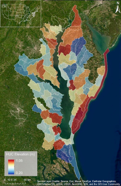 The research team analyzed marsh migration within these 81 watersheds surrounding the Chesapeake Bay. The colors show the median elevation of each watershed in meters.