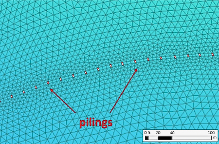 SCHISM can be configured to use ultra-high resolution, 1-meter grid cells. This allows for simulations of detailed processes such as the impact of these I-64 bridge pilings on water flow.