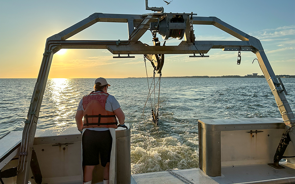 Nickerson monitors deployment of the trawl at sunrise. Photo by Ethan Smith.