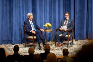 Secretary Kerry and Dean and Director Aday discussing the role science plays in informing both local and global politics. Photo by Alfred Herczeg.