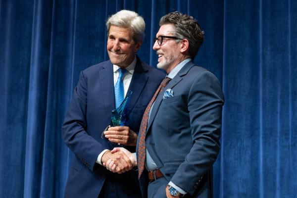 Dean and Director Derek Aday with Secretary John Kerry, the first Batten School & VIMS Blue Horizons Fellow
