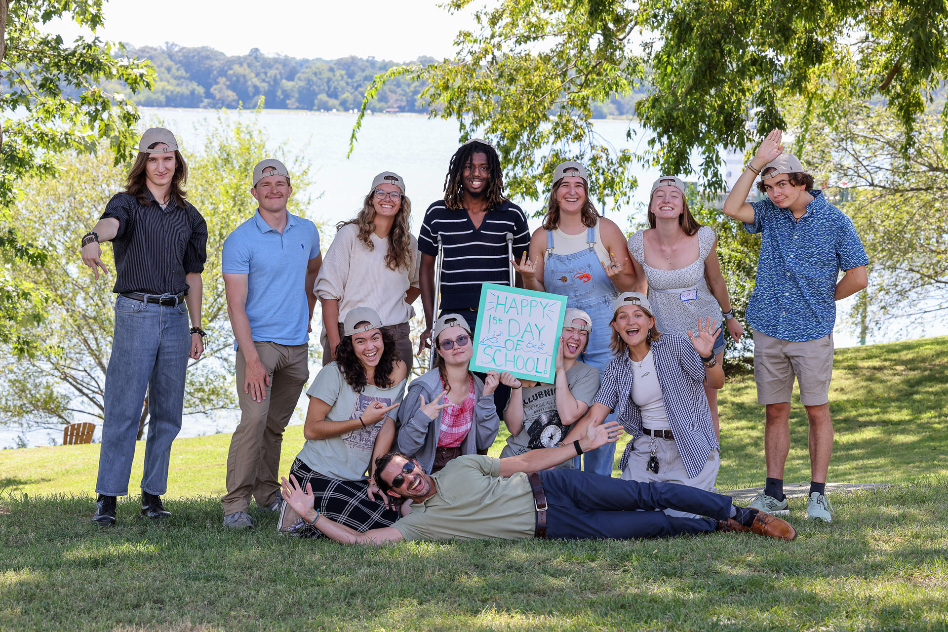 William & Mary’s Batten School & VIMS welcomed their first cohort of undergraduates majoring in coastal and marine sciences. Top row, left to right: Becket Rydzewski, Nicolas Goodman, Lily Shriner, Darius McCallum, Mary Laun, Sierra Hall, Elias Mitrokostas. Bottom row, left to right: Naomi Heilen, Jonnelle Weier, Savanna Stone, Annika McCarrick. Laying down: Professor and Director of Undergraduate Programs Christopher Hein. Photo by John Wallace