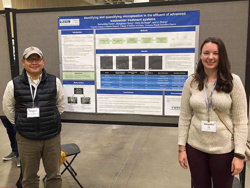 Study authors Bongkeun Song (left) and Samantha Fortin (right) presenting a scientific poster reporting the detection of microplastic in treated wastewater. Photo by Bongkeun Song. 