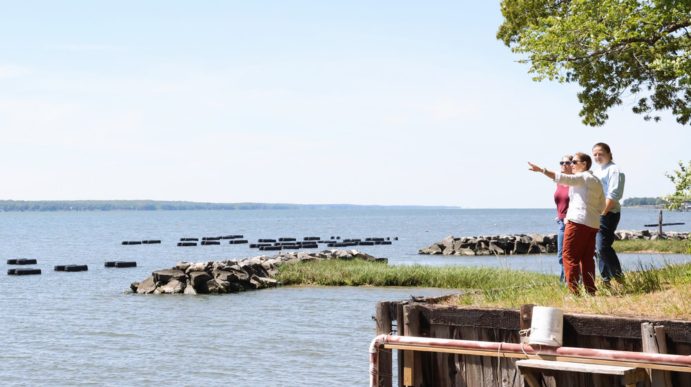 Adriane Michaelis and Emily Rivest discuss water quality challenges with Marcia Berman, co-owner of Cappahosic Oyster Company