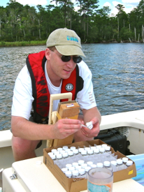 VIMS professor Mark Brush processes samples in the New River during fieldwork for the DCERP project.