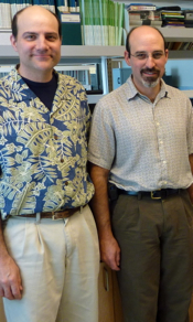 Professors Carl Friedrichs (L) and Paul Panetta (R) in the lab at VIMS. Photo by Susan Stein.