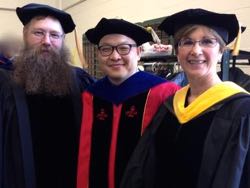 VIMS professors Eric Hilton, BK Song, and Mary Fabrizio joined in the commencement festivities. © L. Schaffner.